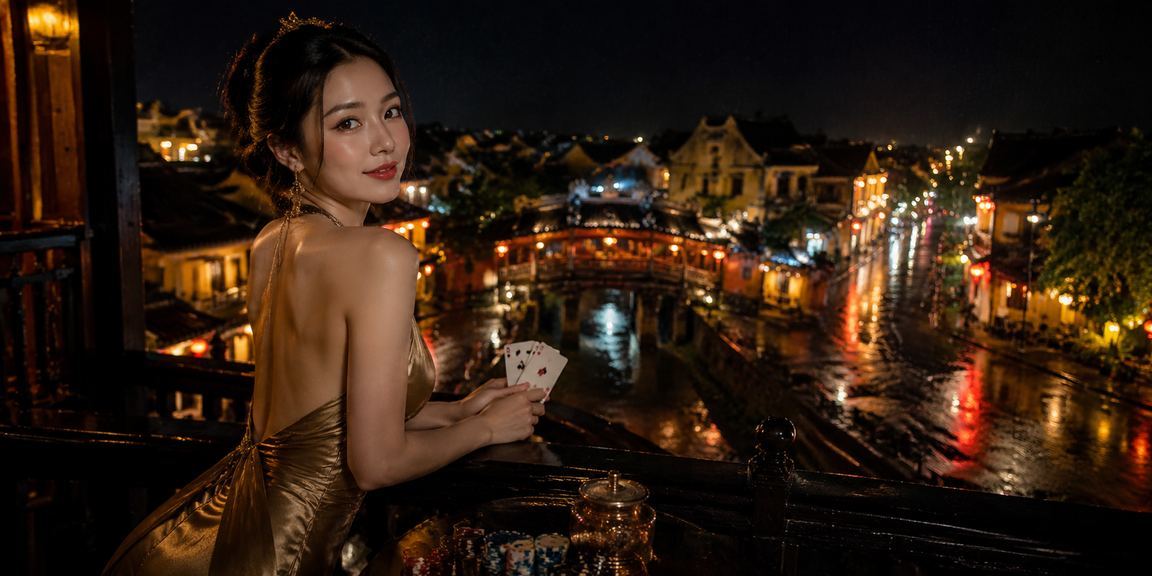 Người chơi thưởng thức trò chơi bài tại phố đêm Hội An với không khí sôi động